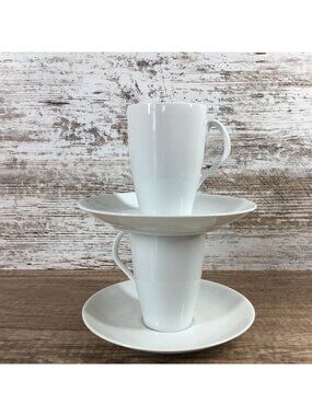 Vintage Mosa Maastricht White Porcelain Cups and Saucers Set 2 MCM Minimalist